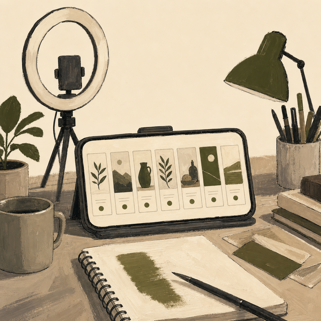 A phone propped on a desk at night beside a ring light and a notebook, a week of days laid out on the screen.